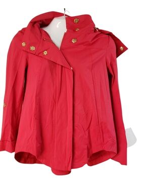 NIKKI JONES Red Women's Hooded Rain Jacket with Gold Buttons Size M
